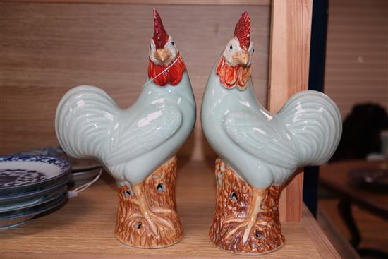 A pair of Chinese celadon chickens height 25cm